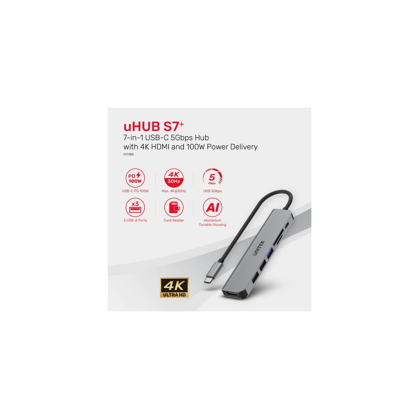 Unitek H1118A uHUB S7+ 7-in-1 USB-C Hub - HDMI 4K, PD 100W, SD Reader — Armenius Store Cyprus