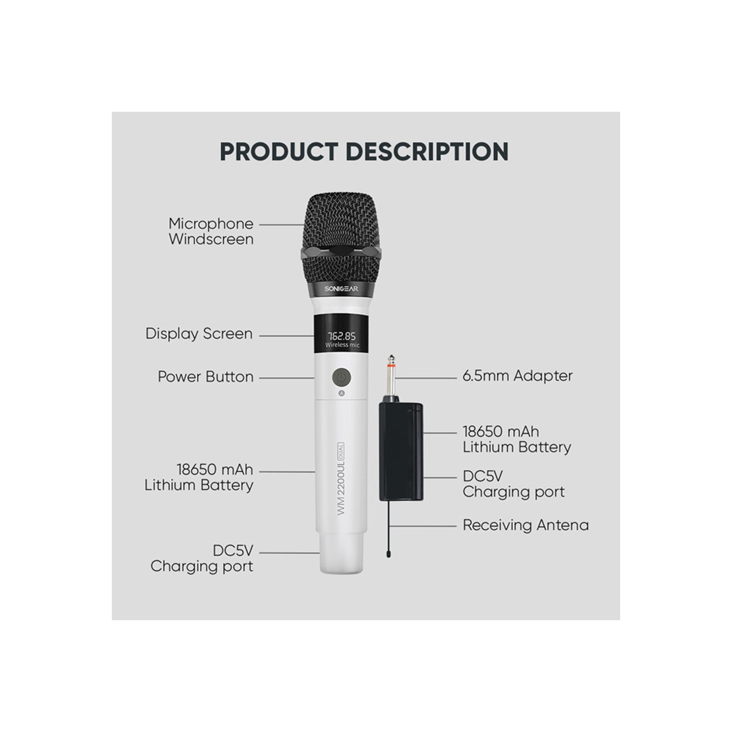 SonicGear - WM2200UL - DUAL White 2 x Wireless 2.4GHz Rechargeable Microphone Handsets with LED Display