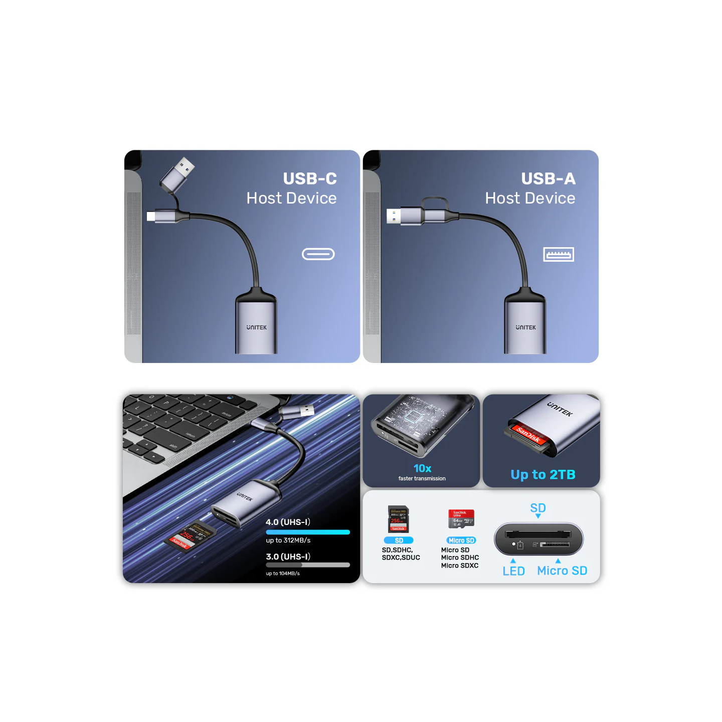 Unitek Card Reader - R1018E - Super Fast Card Reader Up to 312mb s USB-A C Supports SD MicroSD