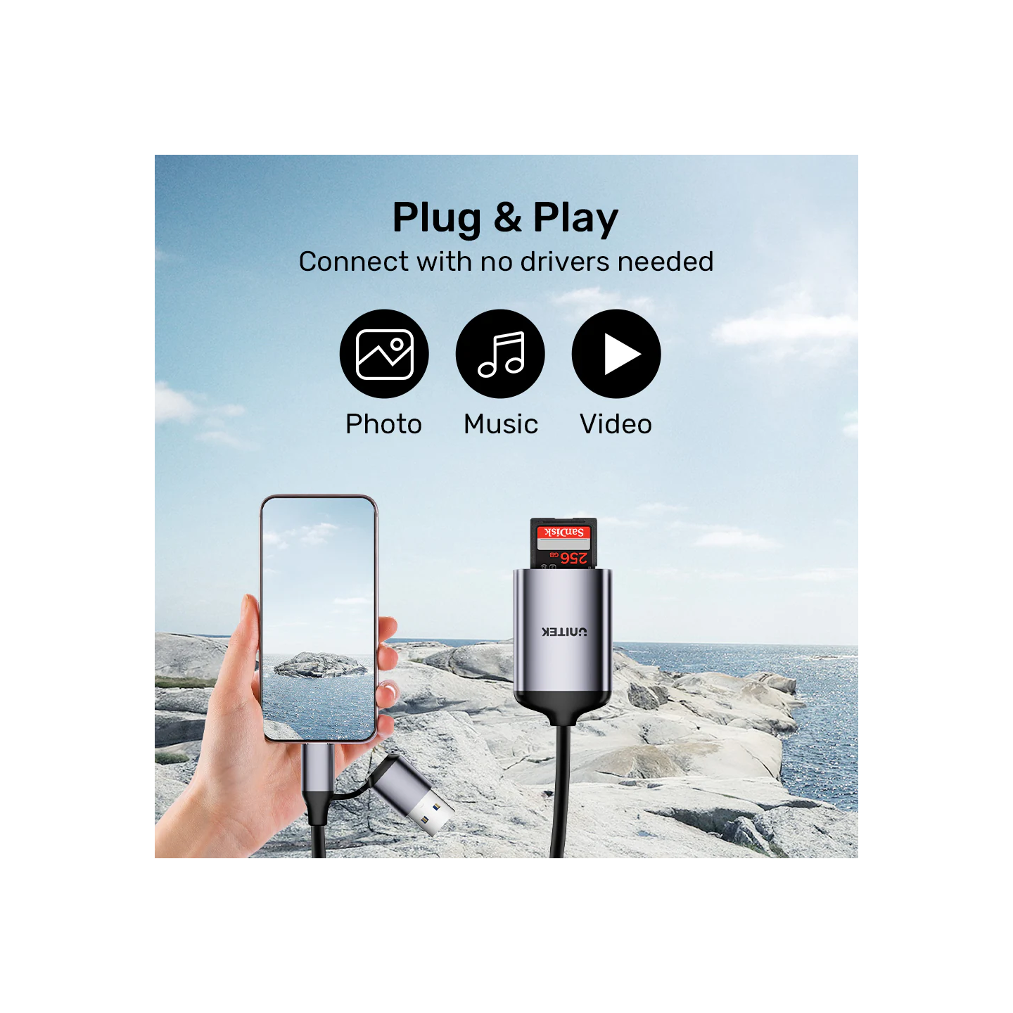 Unitek Card Reader - R1018E - Super Fast Card Reader Up to 312mb s USB-A C Supports SD MicroSD