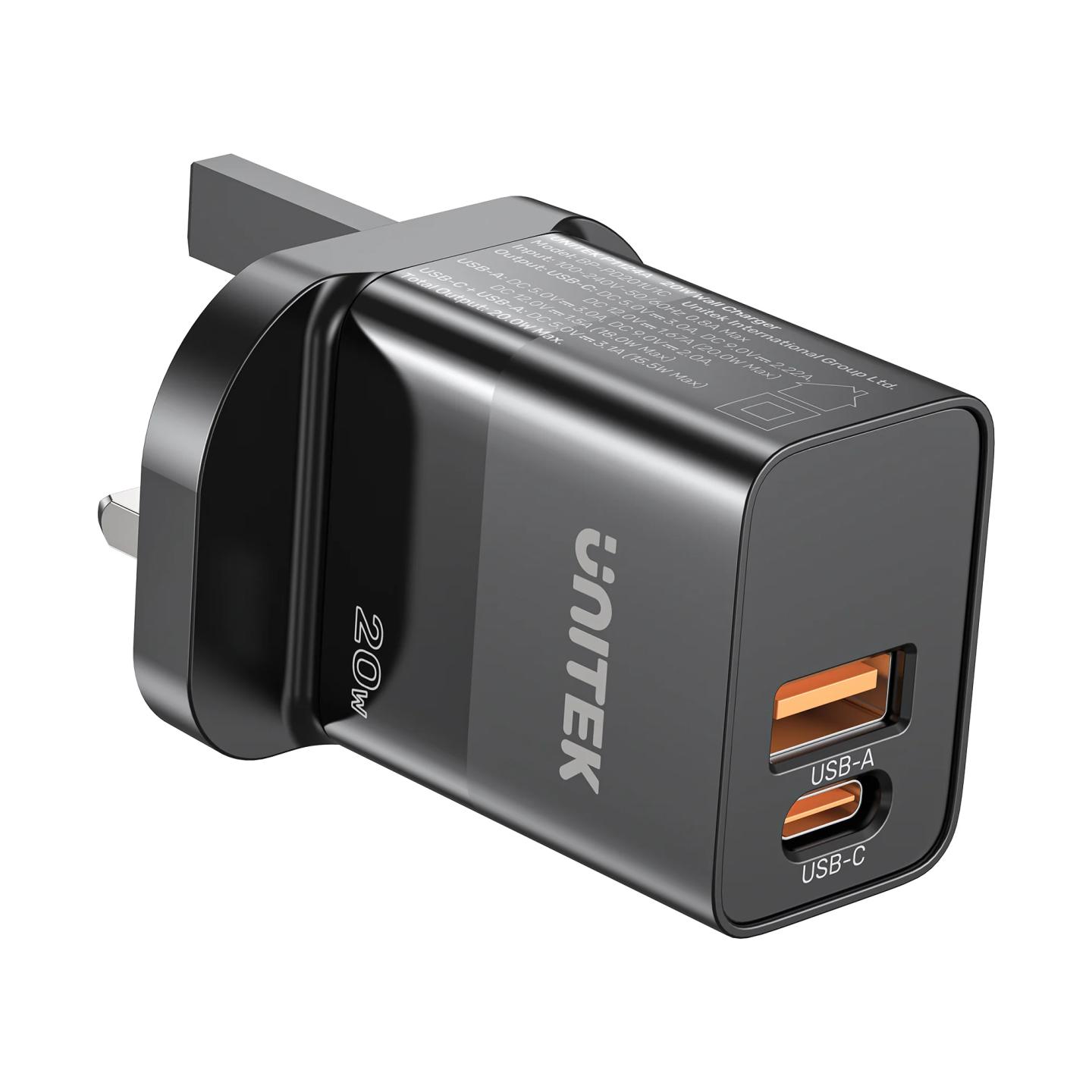 Unitek 20W Wall Charger USB-C PD & QC 3.0 UK Black - P1124ABK - 20W USB-C PD QC 3.0 UK Black