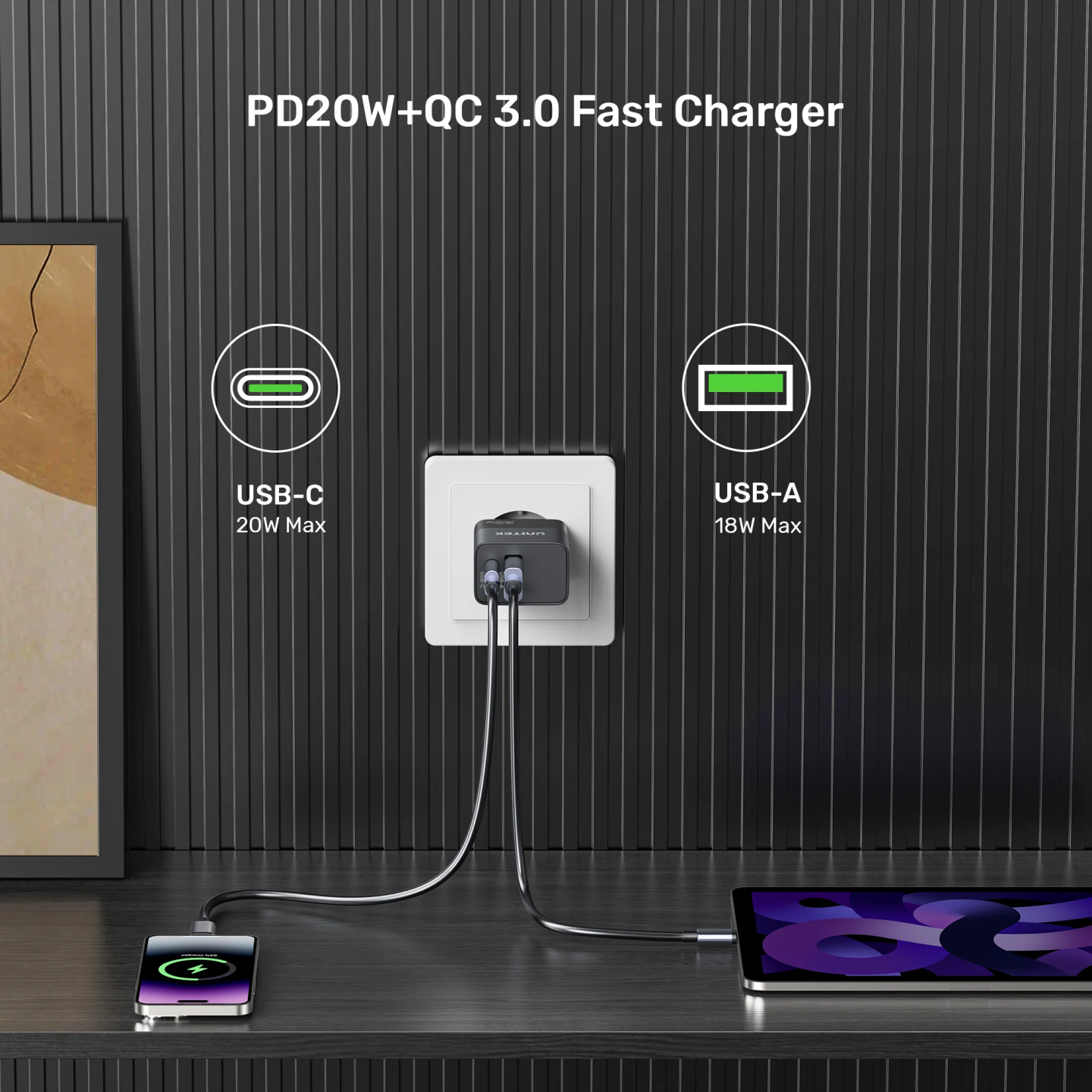 Unitek 20W Wall Charger USB-C PD & QC 3.0 UK Black - P1124ABK - 20W USB-C PD QC 3.0 UK Black