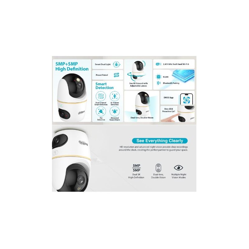 Buy Dahua IP Indoor 5.0MP Wifi PT Dome - H5D-5F - Dual Lens in Cyprus, Nicosia, Limassol, Larnaka, Pafos