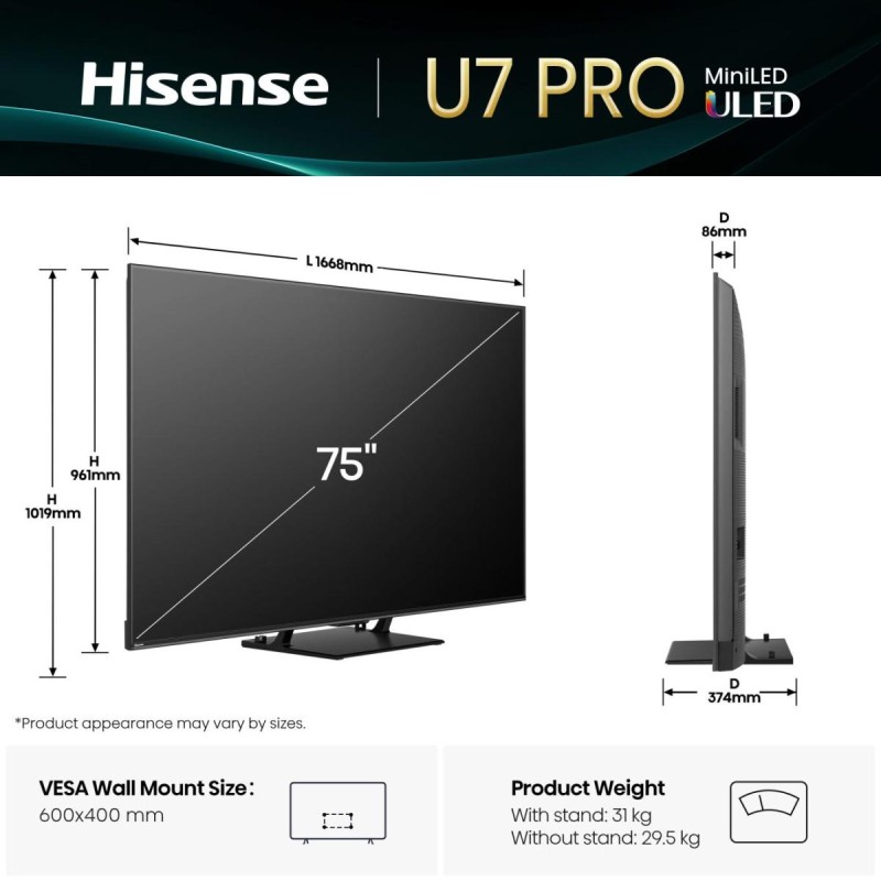 Buy Hisense 75'' 4K Smart QLED MINI LED 144hz TV - 75U7Q PRO - 75'' 4K Smart QLE... in Cyprus, Nicosia, Limassol, Larnaka, Pafos