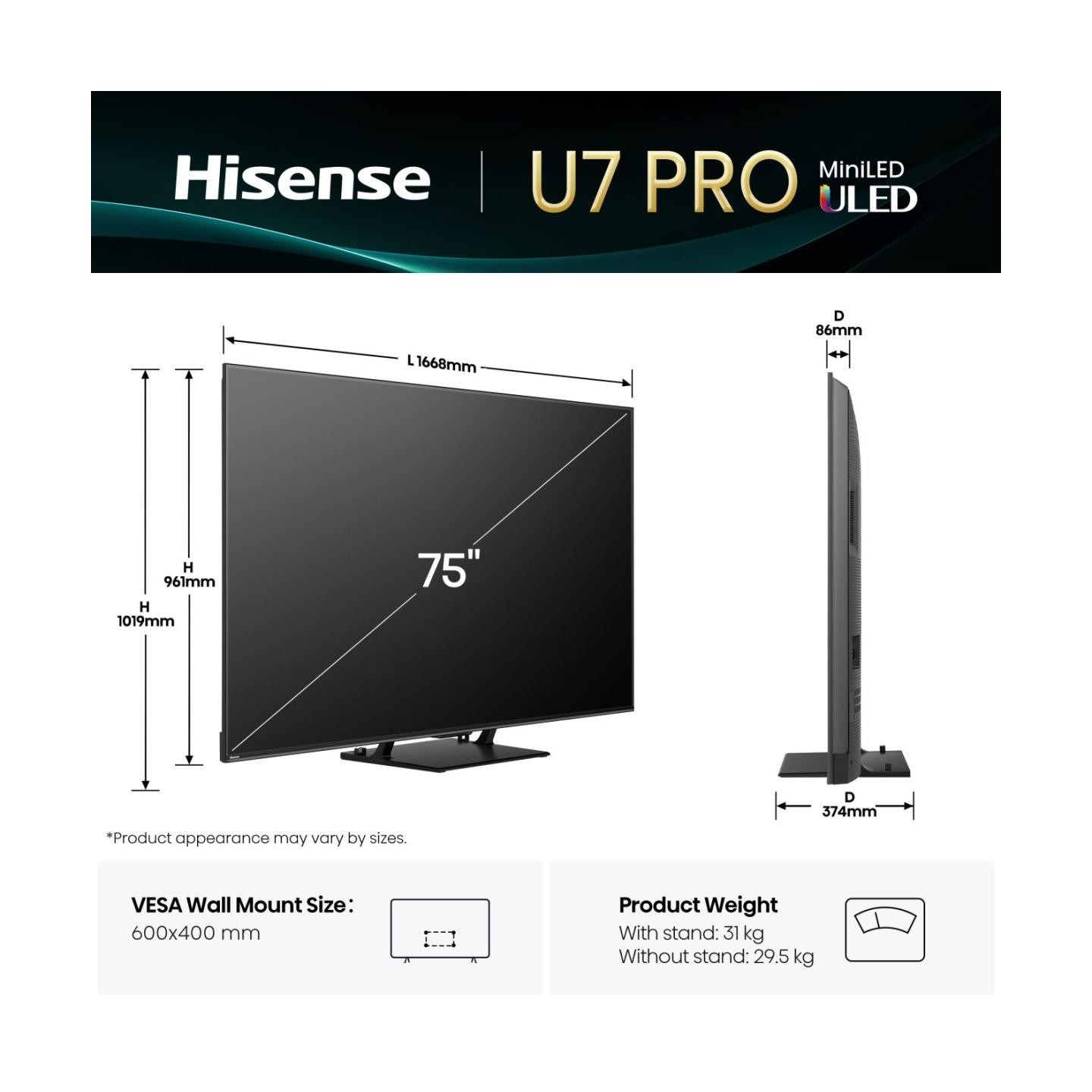 Hisense 75'' 4K Smart QLED MINI LED 144hz TV - 75U7Q PRO - 75'' 4K Smart QLED MINI LED 144hz TV