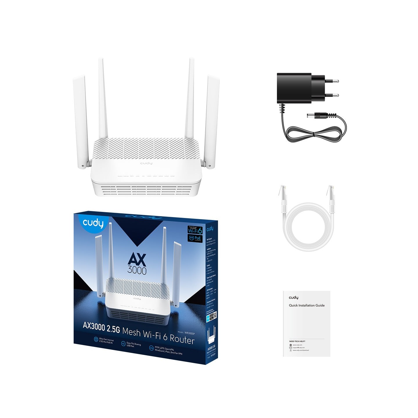 Cudy Router - WR3000P - AX3000, Dual Band, 2.5G, Wi-Fi 6, Mesh, VPN, PoE — Buy in Cyprus with Fast Delivery
