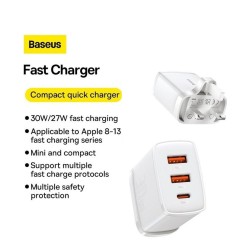 Buy Baseus Wall Charger - 30W USB-C 2xUSB-A - UK White in Cyprus, Nicosia, Limassol, Larnaka, Pafos