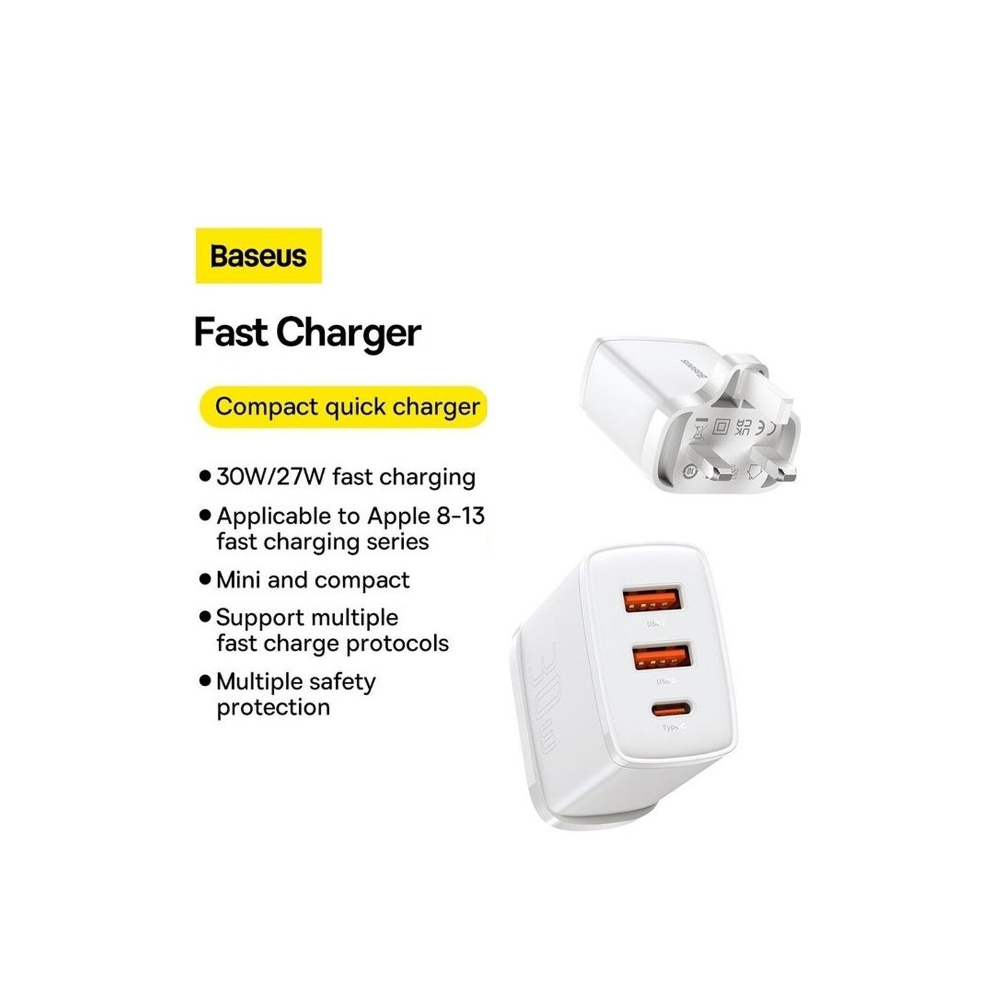 Baseus Wall Charger - 30W USB-C 2xUSB-A - UK White — Buy in Cyprus with Fast Delivery