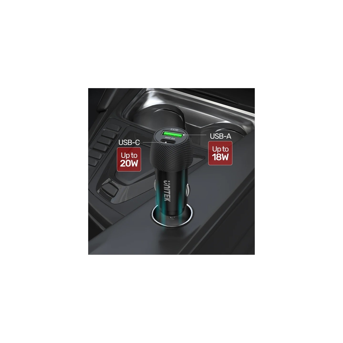Unitek Charger for Car - P1400A - 38W USBC PD20W+USBA QC3.0 — Buy in Cyprus with Fast Delivery