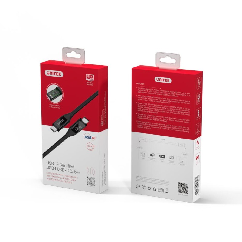 Buy Unitek USB 4.0 Cable - C14100BK-0.8M - IF-Certified USB 4.0 Cable 0.8m in Cyprus, Nicosia, Limassol, Larnaka, Pafos