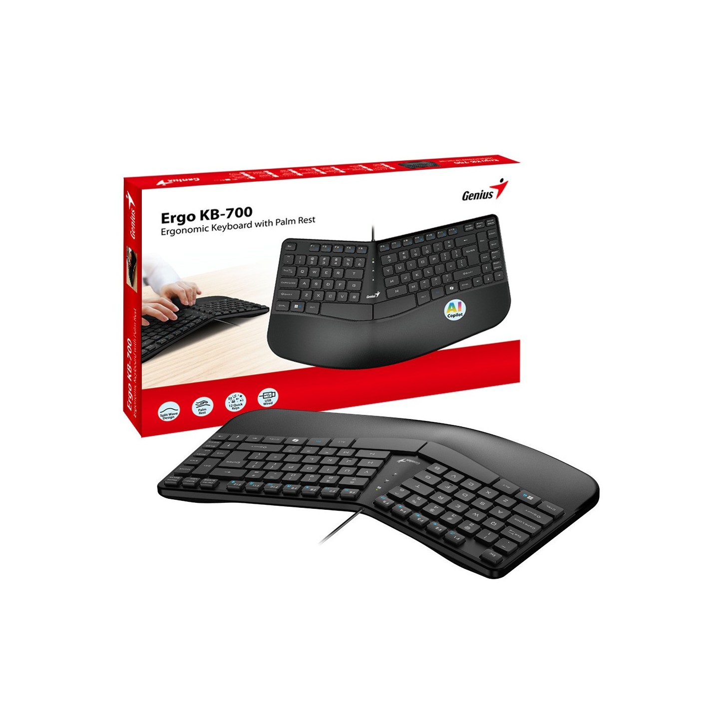 Genius Ergo KB-700 Wired Ergonomic Keyboard w/ Palm Rest - English (Boxed) — Buy in Cyprus with Fast Delivery