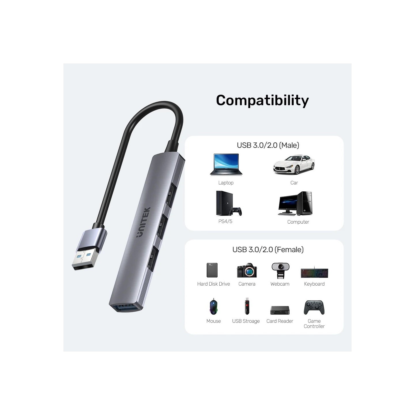 Unitek H1208A USB-A Hub 4 Port - 3xUSB2.0 1xUSB3.0 | Aluminium — Armenius Store Cyprus