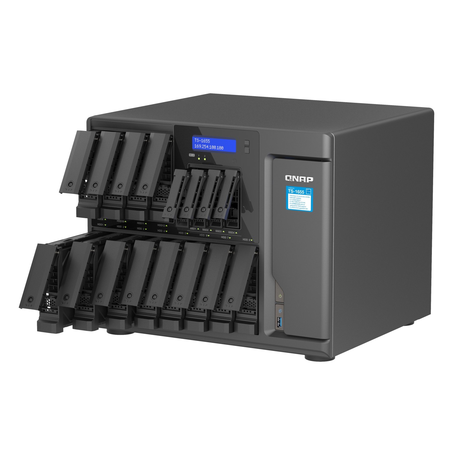QNAP NAS 16-Bay Tower Intel Eight-Core, 8GB RAM, Triple PCIe Slots, Dual 2.5GbE Ports & SSD Caching - TS-1655