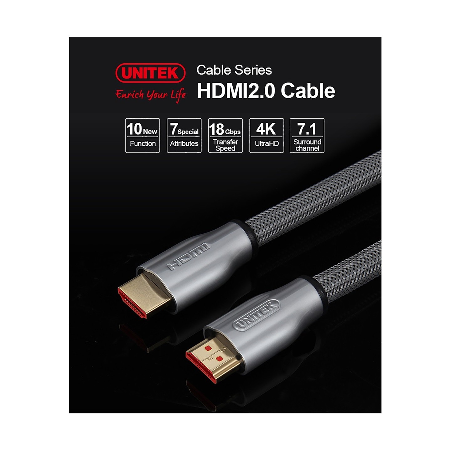 Unitek Premium HDMI 2.0 Braided Cable - Y-C136RGY - Premium HDMI 2.0 Braided Cable 1.0m — Buy in Cyprus with Fast Delivery