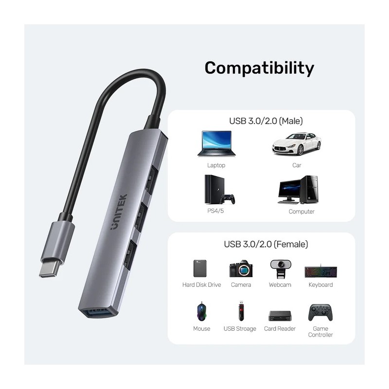 Buy Unitek USB-C Hub 4port 3xUSB2.0 1xUSB3.0 - H1208B - USB-C Hub in Cyprus, Nicosia, Limassol, Larnaka, Pafos
