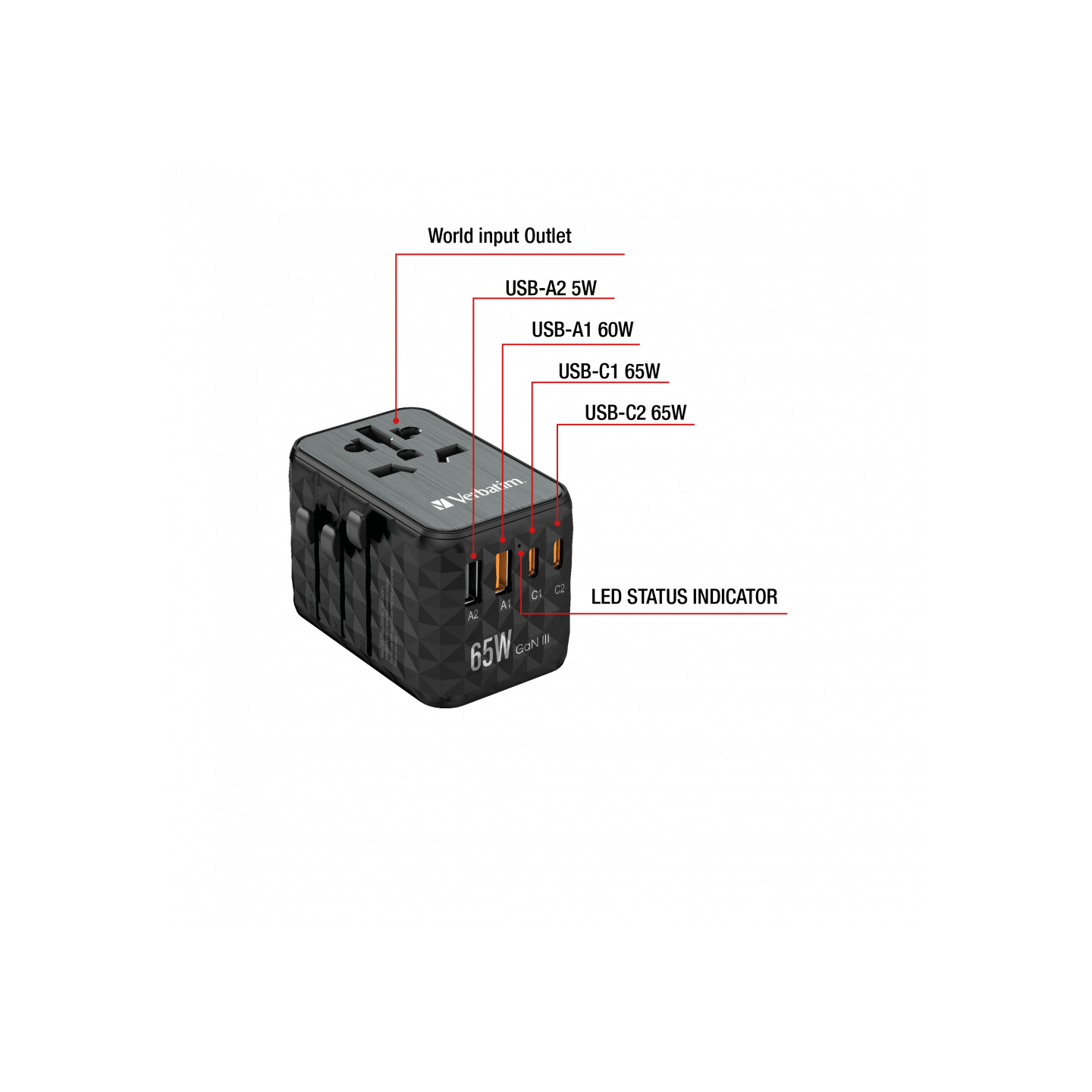 Verbatim Charger Travel Adapter World to World GAN III 65W 2xC 2xA - UTA-05 - 65W 2xC 2xA — Buy in Cyprus with Fast Delivery