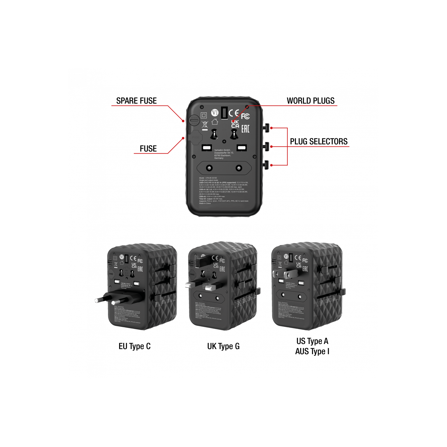 Verbatim Charger Travel Adapter World to World GAN III 65W 2xC 2xA - UTA-05 - 65W 2xC 2xA — Buy in Cyprus with Fast Delivery