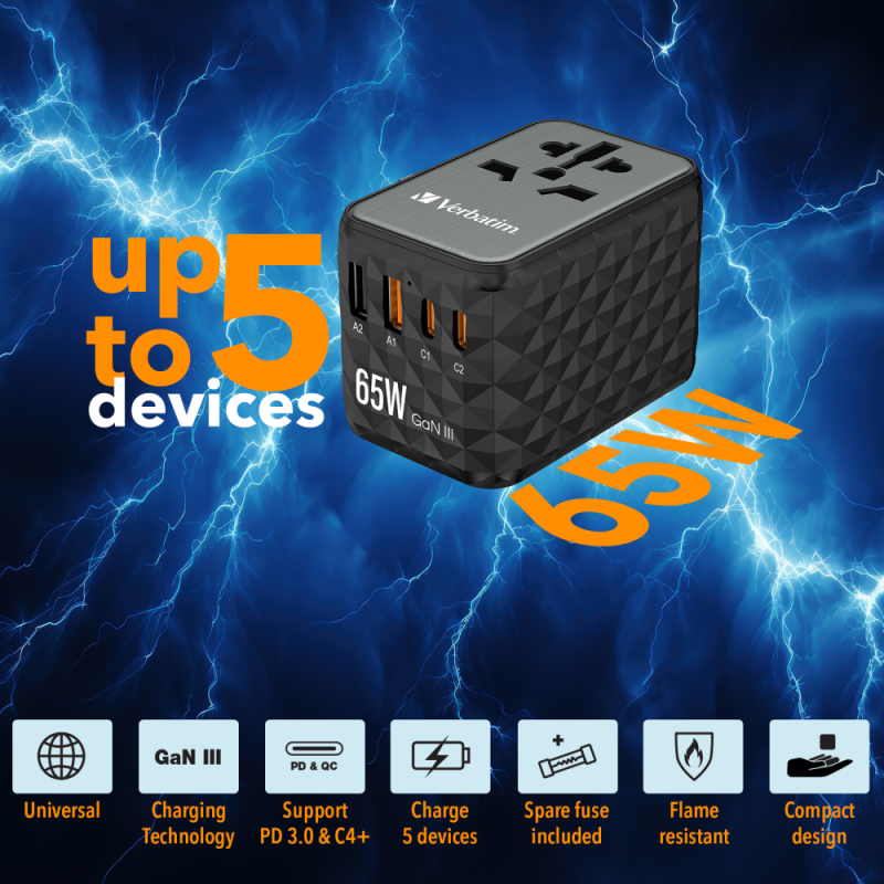 Buy Verbatim Charger Travel Adapter World to World GAN III 65W 2xC 2xA - UTA-05 ... in Cyprus, Nicosia, Limassol, Larnaka, Pafos