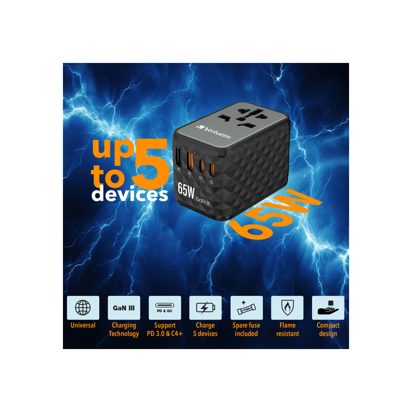 Verbatim Charger Travel Adapter World to World GAN III 65W 2xC 2xA - UTA-05 - 65W 2xC 2xA — Buy in Cyprus with Fast Delivery