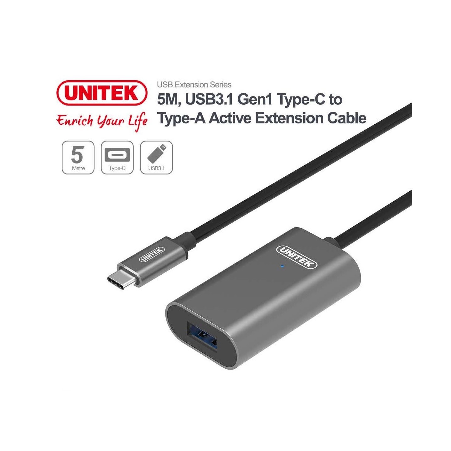 Unitek USB3.1 USB-C Male to USB-A Female - U304A - Active Extension Cable 5m — Buy in Cyprus with Fast Delivery