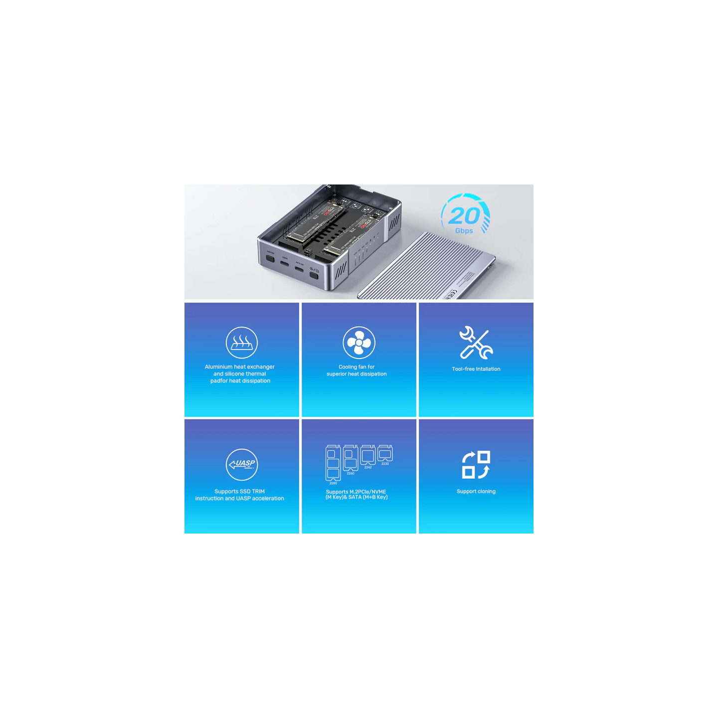 Unitek USB-C 2-Bay External M2 SSD Enclosure with RAID - S1247A - 20Gbps — Buy in Cyprus with Fast Delivery