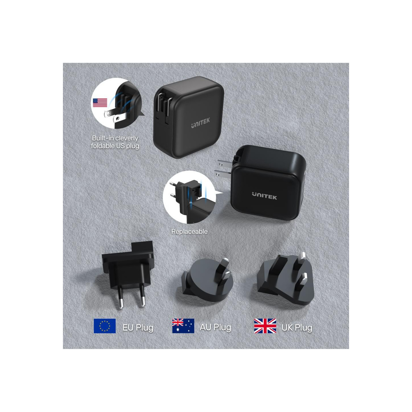 Unitek 100W 4in1 GaN Multiplug Charger Black - P1112ABK - 100W 4in1 GaN Multiplug Charger Black