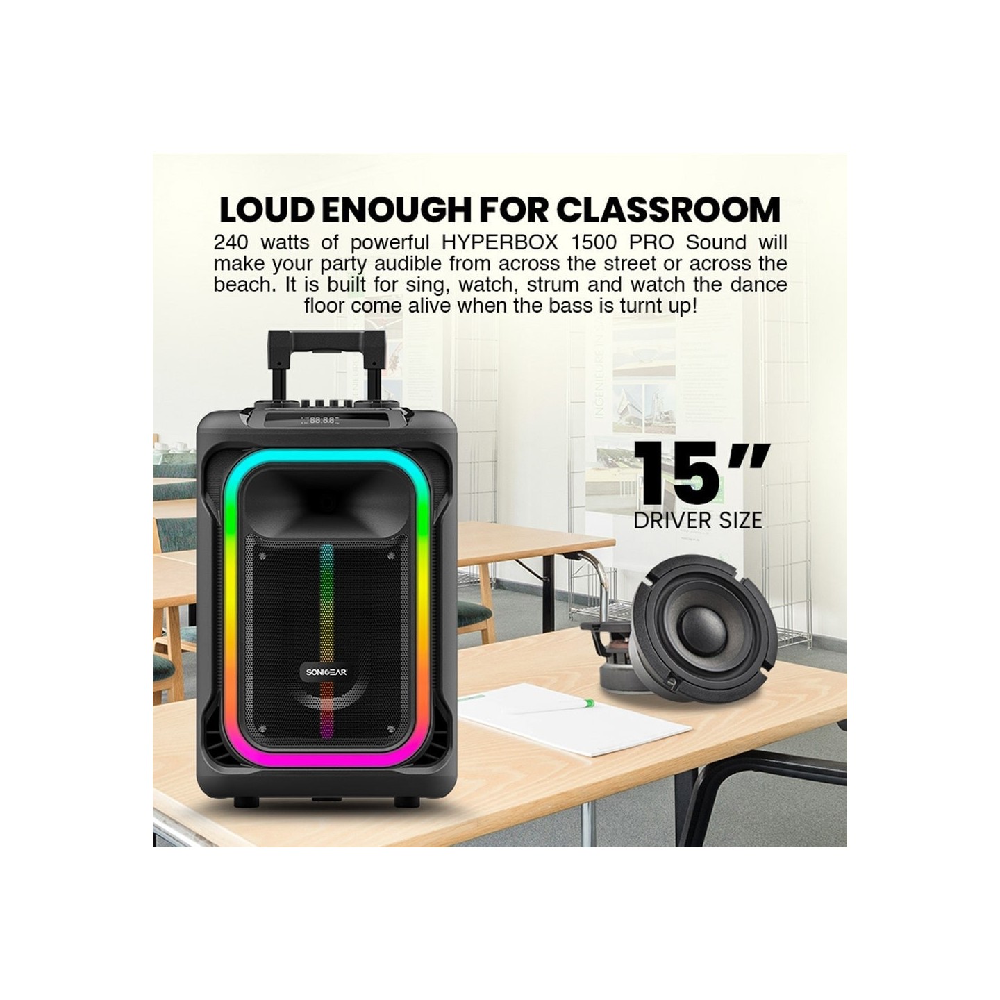 SonicGear HYPERBOX - 1500 Pro - 15'' Portable Karaoke Speaker 240W BT USB 2x Wireless Mics — Buy in Cyprus with Fast Delivery