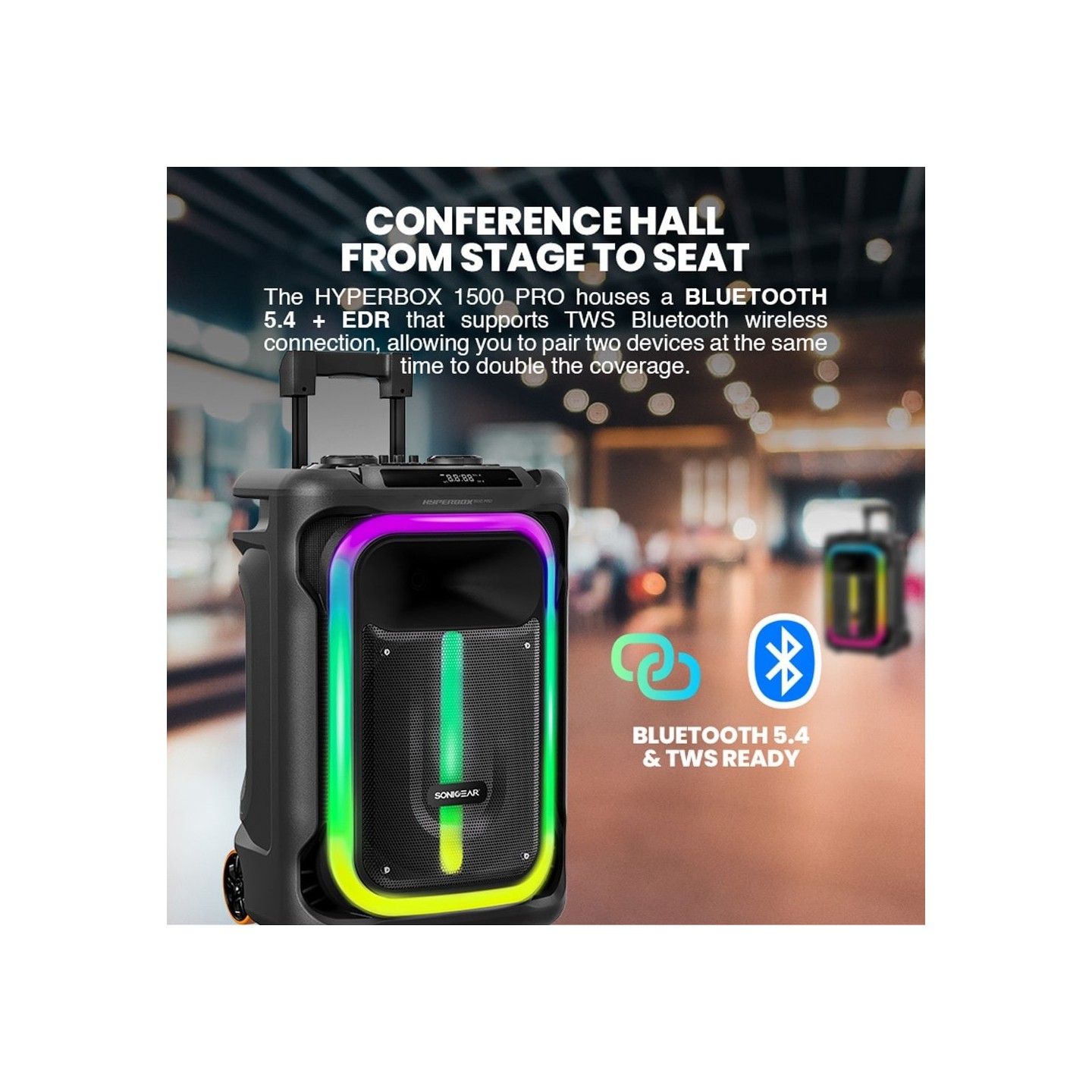 SonicGear HYPERBOX - 1500 Pro - 15'' Portable Karaoke Speaker 240W BT USB 2x Wireless Mics — Buy in Cyprus with Fast Delivery