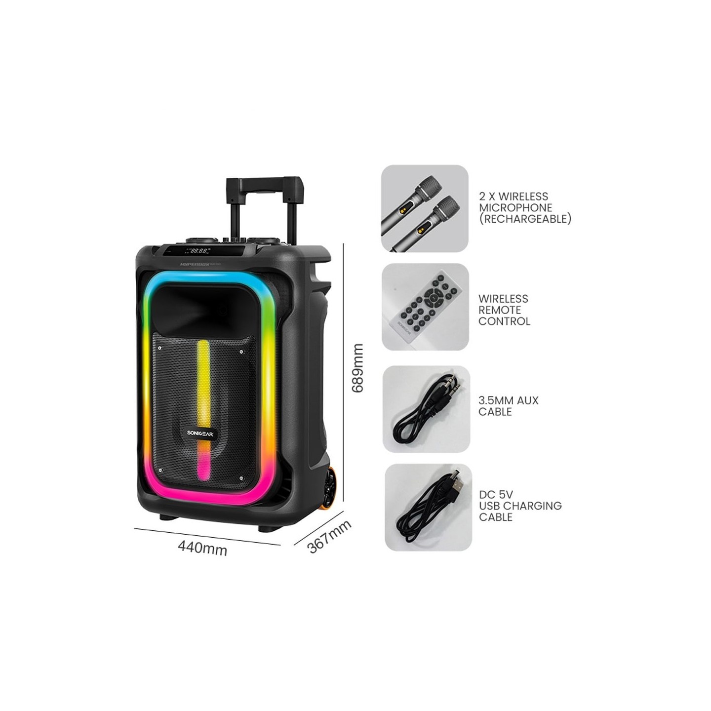 SonicGear HYPERBOX - 1500 Pro - 15'' Portable Karaoke Speaker 240W BT USB 2x Wireless Mics — Buy in Cyprus with Fast Delivery