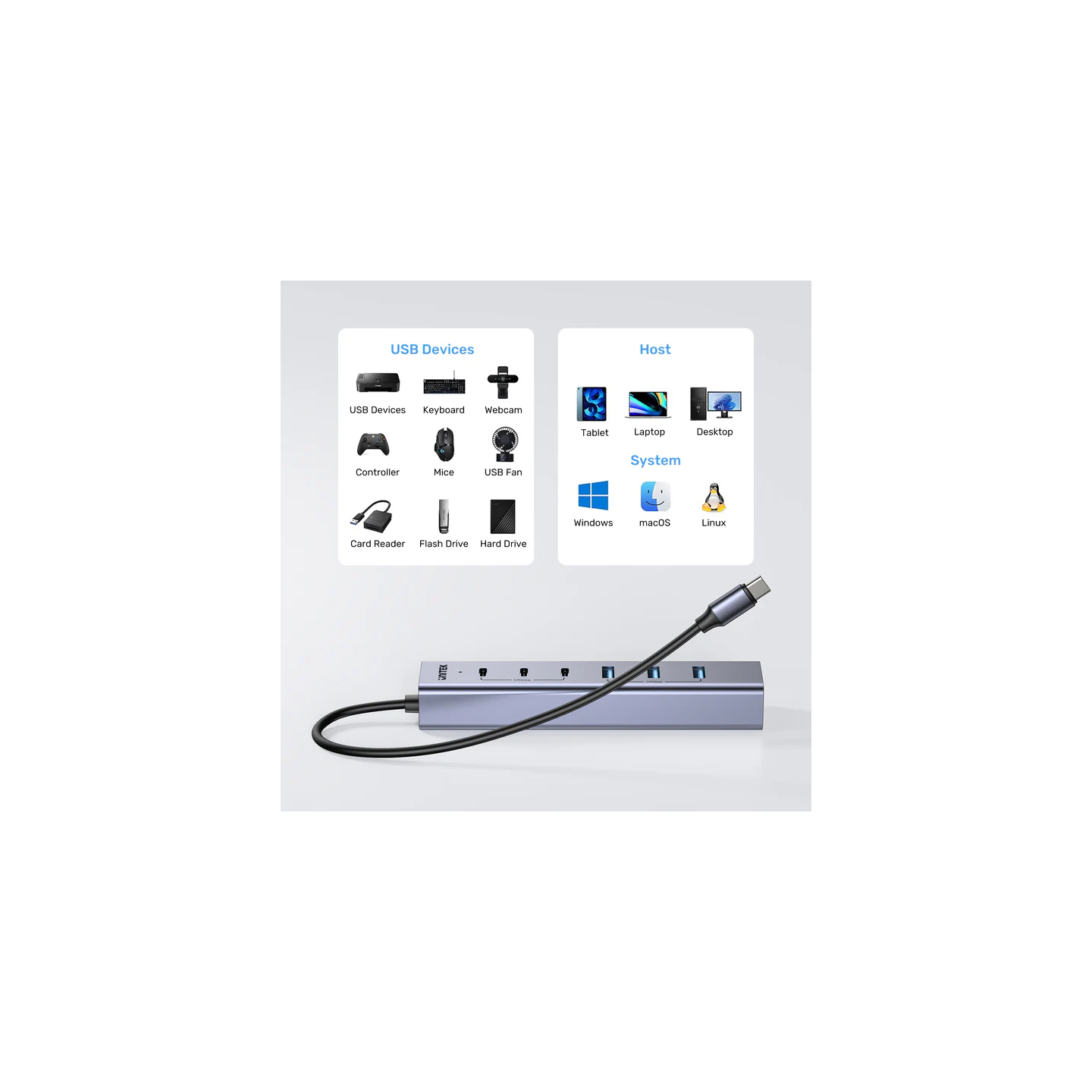 Unitek USB-A Hub 7-Port 3xUSB-C 4xUSB-A with Power Supply - H1335A - 7-Port 3xUSB-C 4xUSB-A with Power Supply