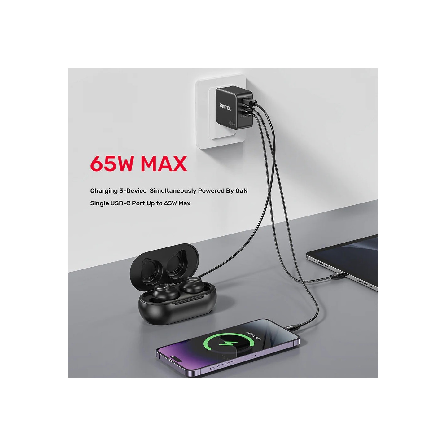 Unitek Charge Wall 65W 4in1 GaN Charger Black - P1117B - 65W 4in1 GaN Charger Black — Buy in Cyprus with Fast Delivery