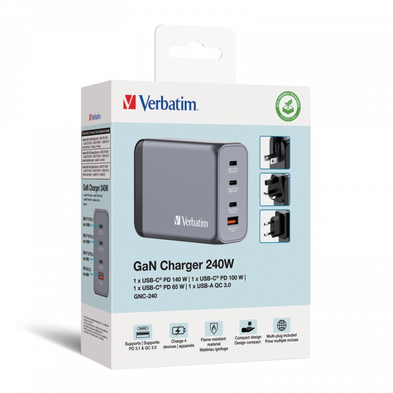 Buy Verbatim GaN Charger - GNC-240 - 4 Port 240W USB A C (EU UK US) in Cyprus, Nicosia, Limassol, Larnaka, Pafos