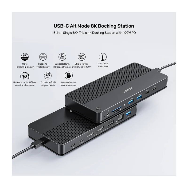 Buy Unitek D1104A USB-C 13in1 8K Triple Display Docking Station USB3.2 & 2.5G Lan in Cyprus, Nicosia, Limassol, Larnaka, Pafos