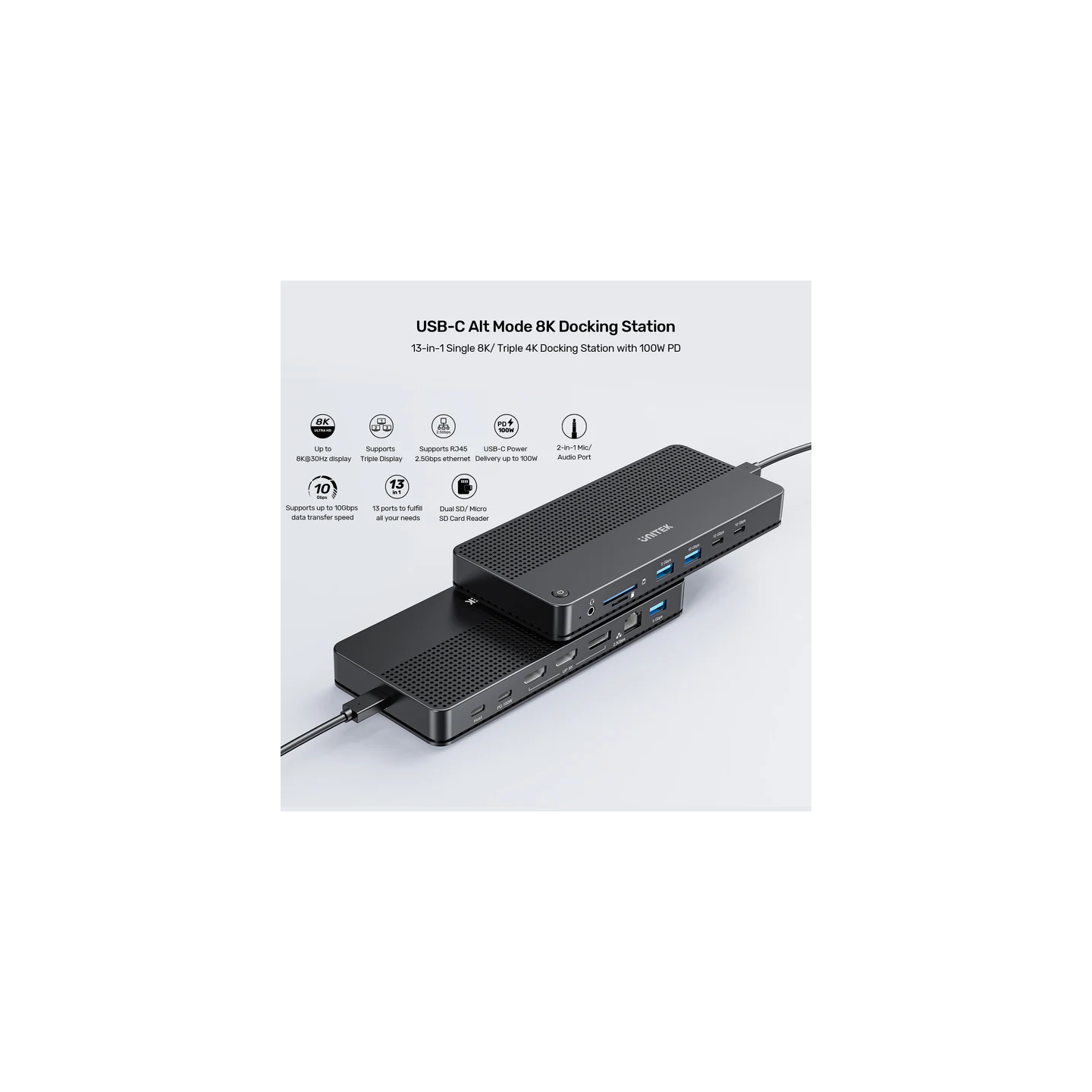 Unitek D1104A USB-C 13-in-1 8K Triple 4K Dock Station 100W PD 2.5G LAN — Armenius Store Cyprus