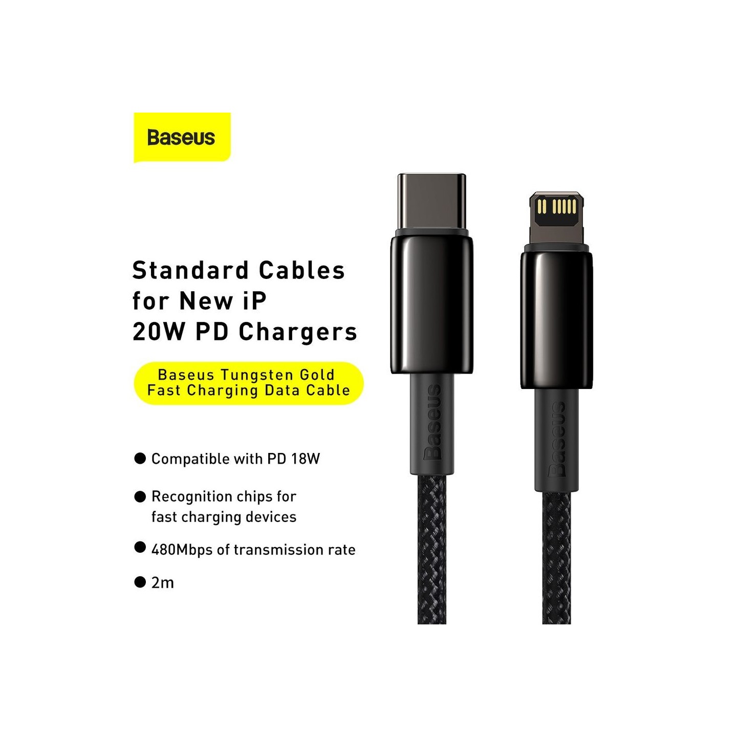 Baseus Gold Type-C to Lightning - PD 20W 2m Black — Buy in Cyprus with Fast Delivery