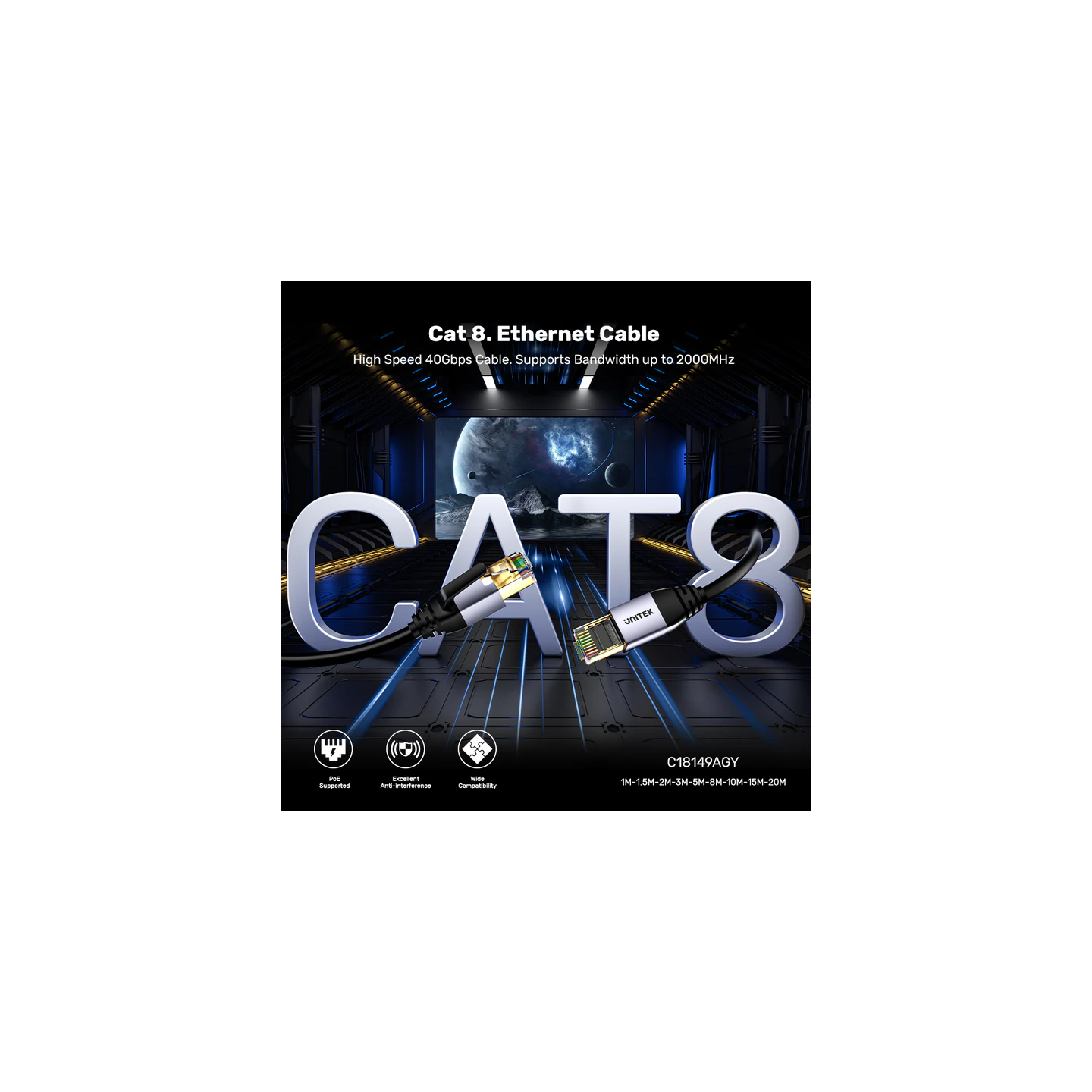 Unitek Network Patch Cable - C18149A-2M - CAT8 Black 2.0m — Buy in Cyprus with Fast Delivery