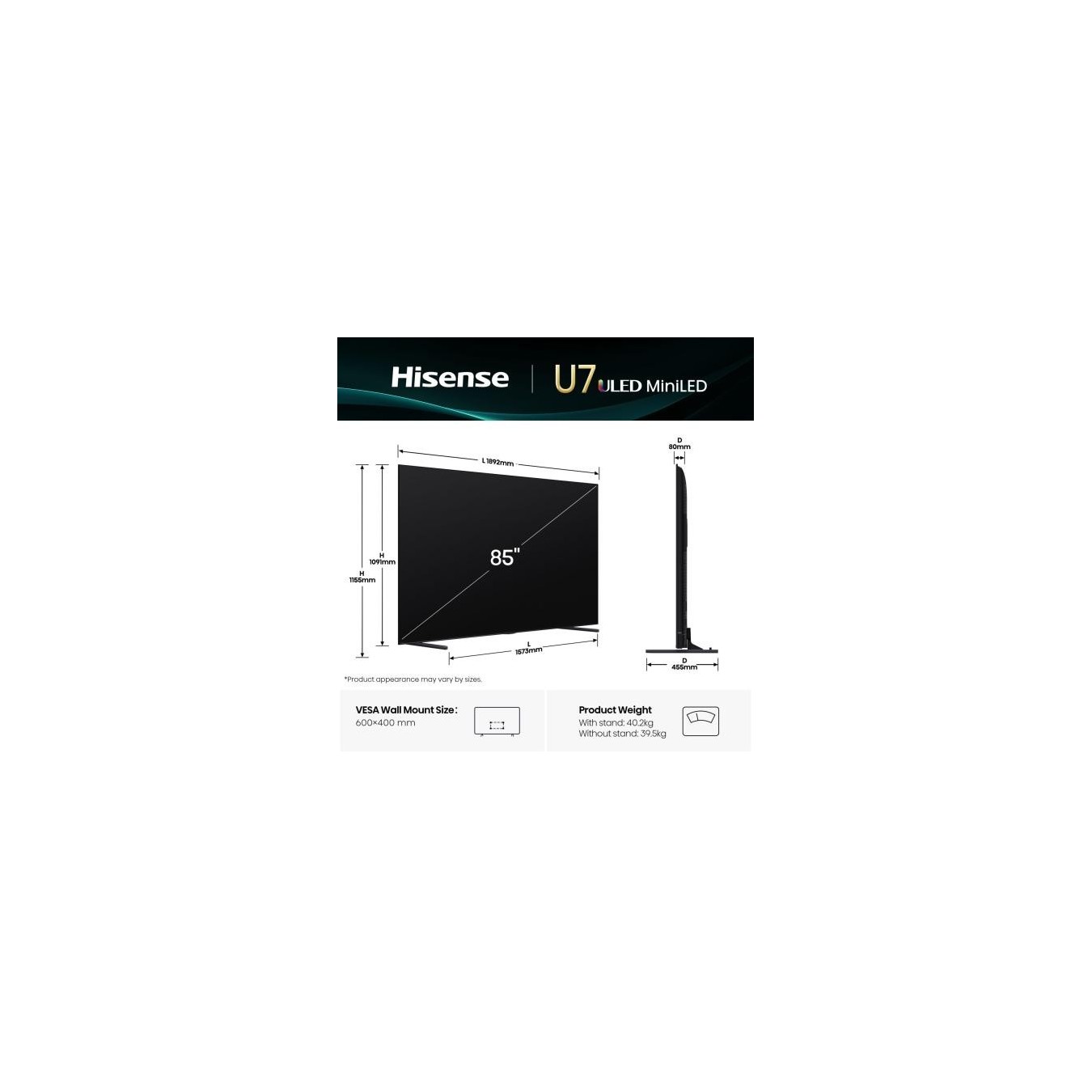 Hisense 85'' 4K Smart QLED MINI LED 144hz TV - 85U7Q - 85'' 4K Smart QLED MINI LED 144hz TV — Buy in Cyprus with Fast Delivery