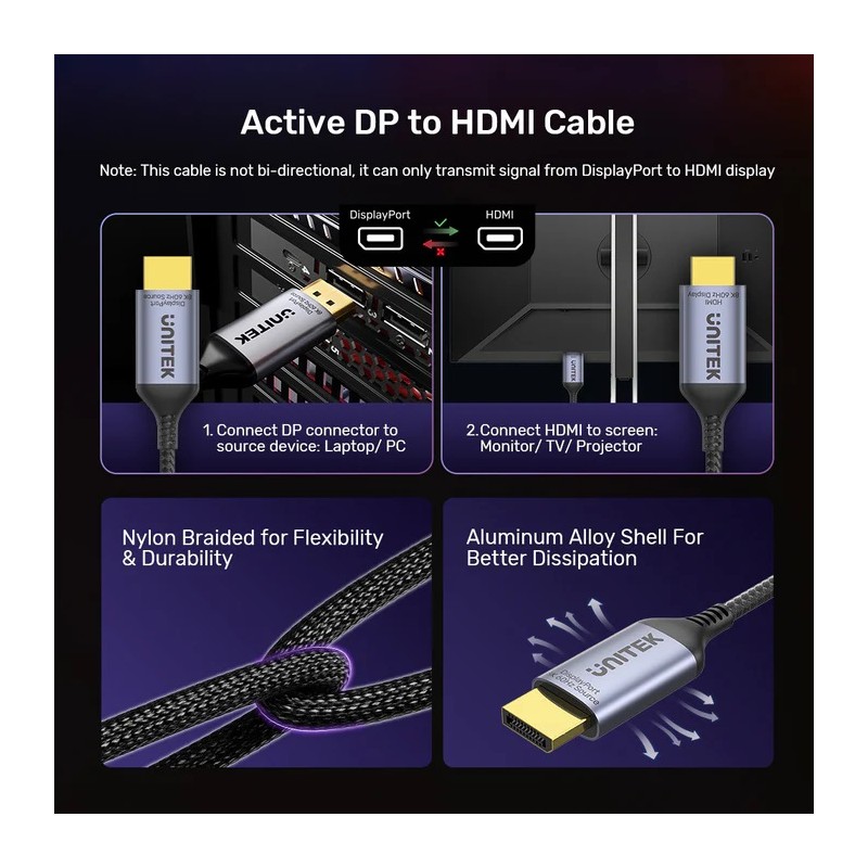 Buy Unitek DisplayPort 1.4 to HDMI 2.1 Cable - V1610A02 - 8K60Hz 1.8m in Cyprus, Nicosia, Limassol, Larnaka, Pafos