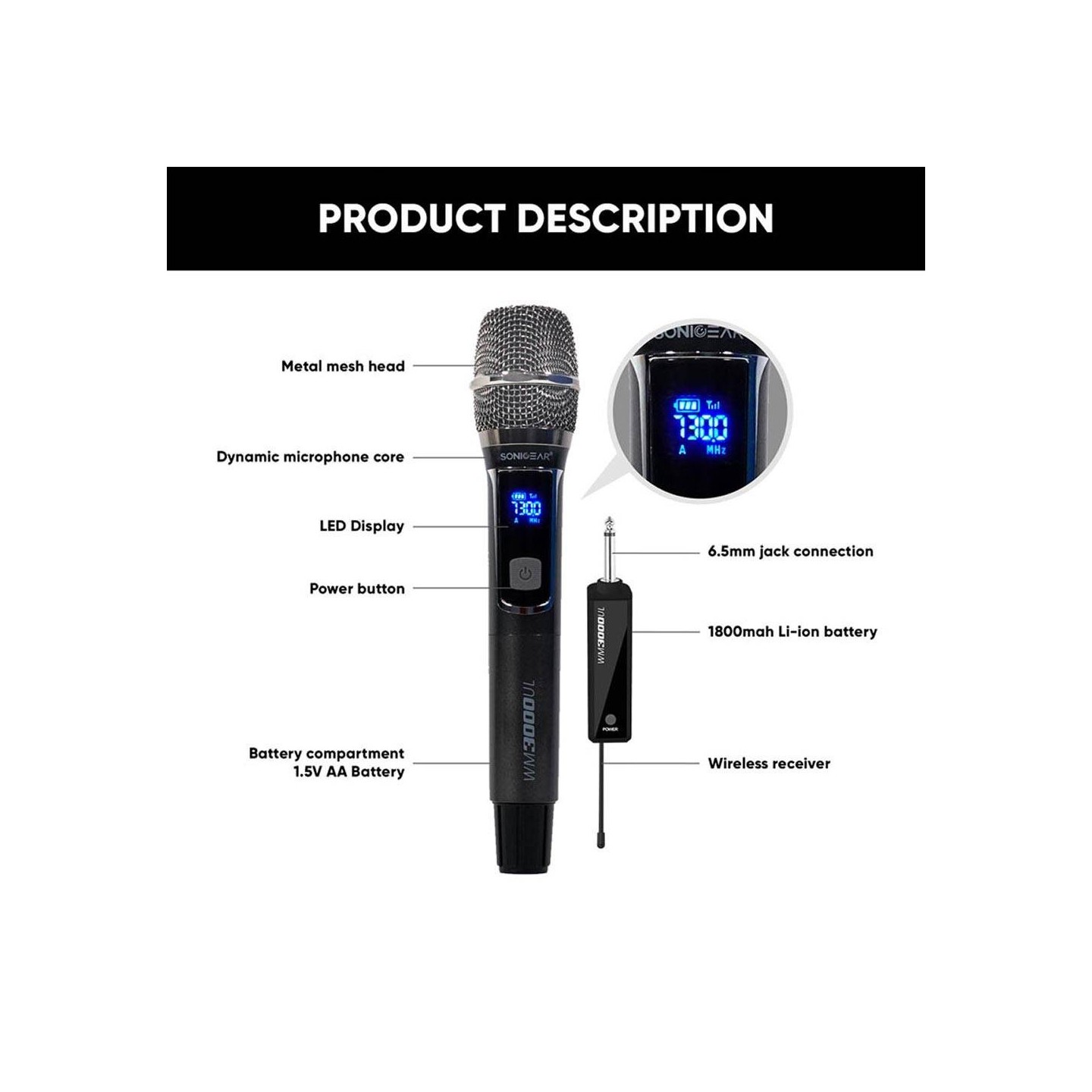 SonicGear Wireless Microphone - WM3000UL - 1xHandset Wireless UHF Microphone with Rechargeable Receiver