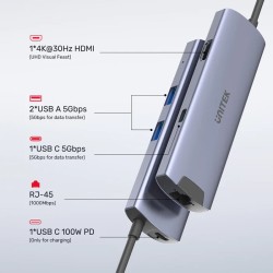 Unitek H1112F USB-C 6-in-1 Hub HDMI 4K PD100W Gigabit Ethernet — Armenius Store Cyprus