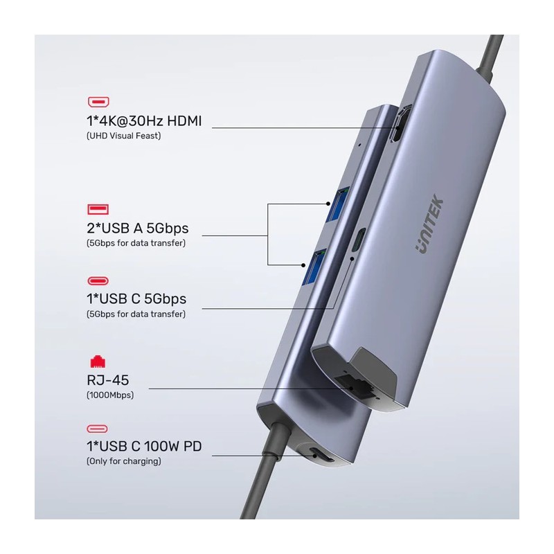 Buy Unitek USB-C Hub - H1112F - USB3.0 HDMI GB PD100W in Cyprus, Nicosia, Limassol, Larnaka, Pafos