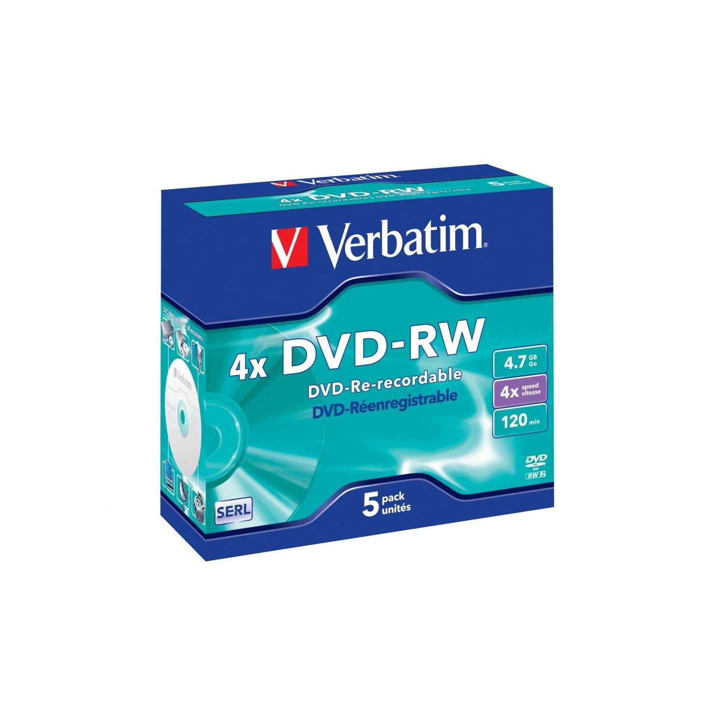 Verbatim DVD-RW 4.7GB 4X 5-Pack Jewel Case Matt Silver - 43285 - DVD-RW 4.7GB 4X 5-Pack Jewel Case Matt Silver