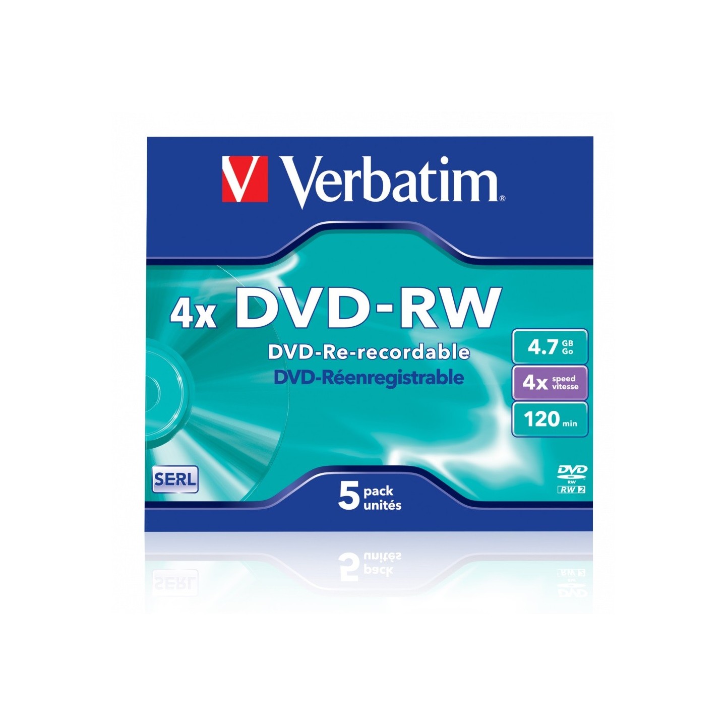 Verbatim DVD-RW 4.7GB 4X 5-Pack Jewel Case Matt Silver - 43285 - DVD-RW 4.7GB 4X 5-Pack Jewel Case Matt Silver