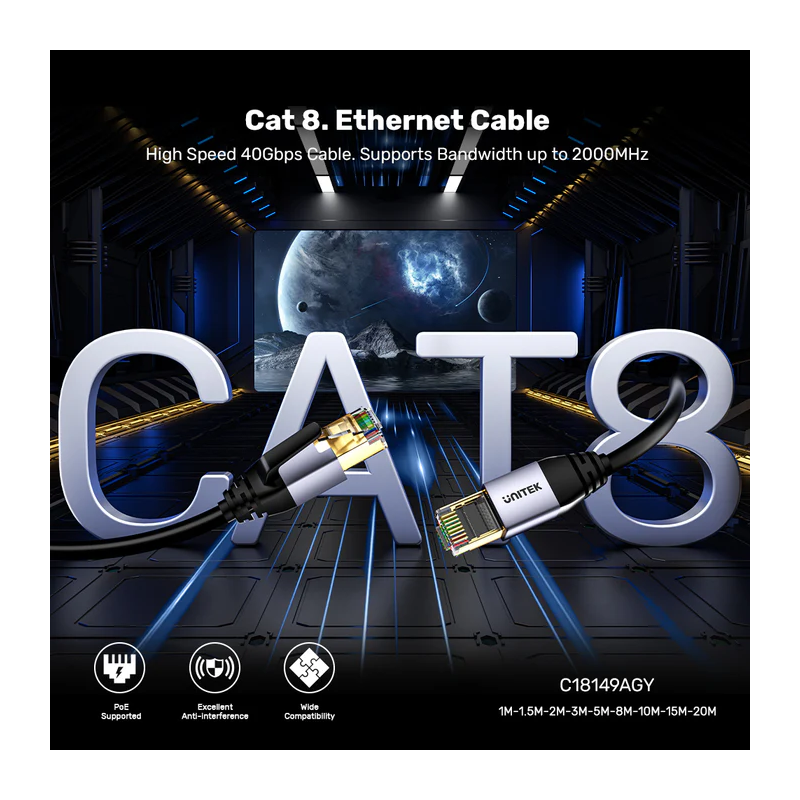 Buy Unitek Network Patch Cable - C18149A-1M - CAT8 Black 1.0m in Cyprus, Nicosia, Limassol, Larnaka, Pafos