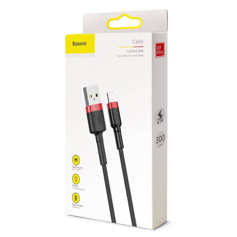 Buy Baseus Cafule Braided Lightning Cable - 2A 3m Black Red in Cyprus, Nicosia, Limassol, Larnaka, Pafos