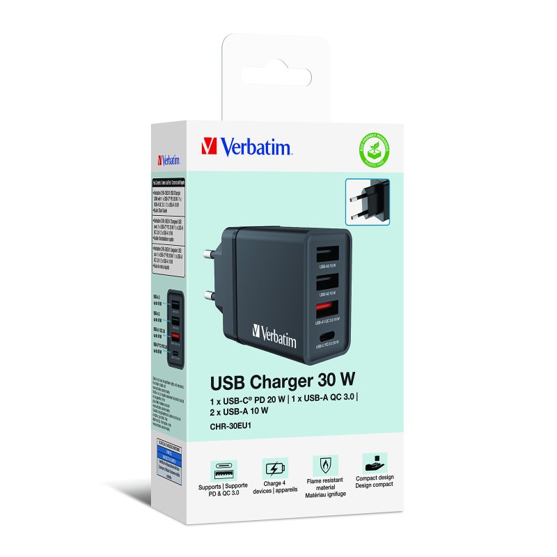 Buy Verbatim Wall Charger - CHR-30EU1 - 30W EU Plug 1 x USBC20W 3 x USBA Black in Cyprus, Nicosia, Limassol, Larnaka, Pafos
