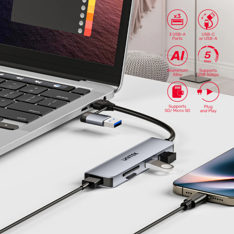 Buy Unitek USB-C Hub - H1320A - 3xUSBA, SD Micro SD Card Reader in Cyprus, Nicosia, Limassol, Larnaka, Pafos