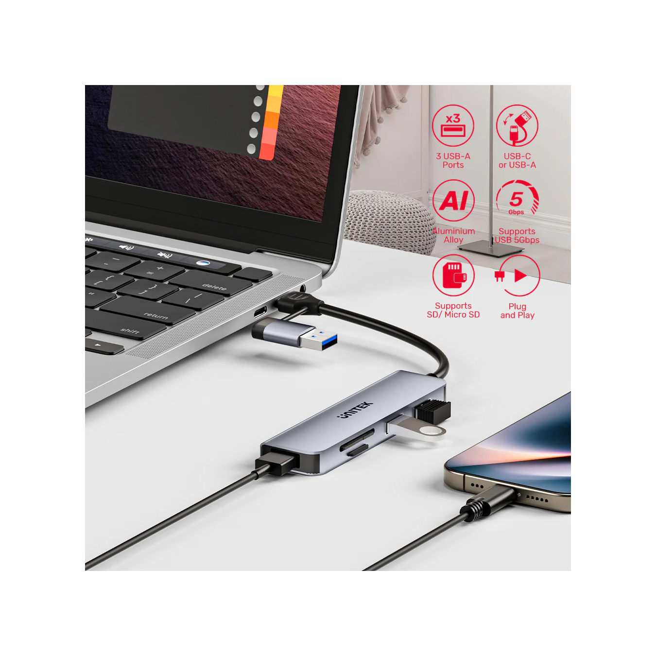 Unitek H1320A USB-C Hub – 3x USB-A 5Gbps, SD Reader | Armenius Store