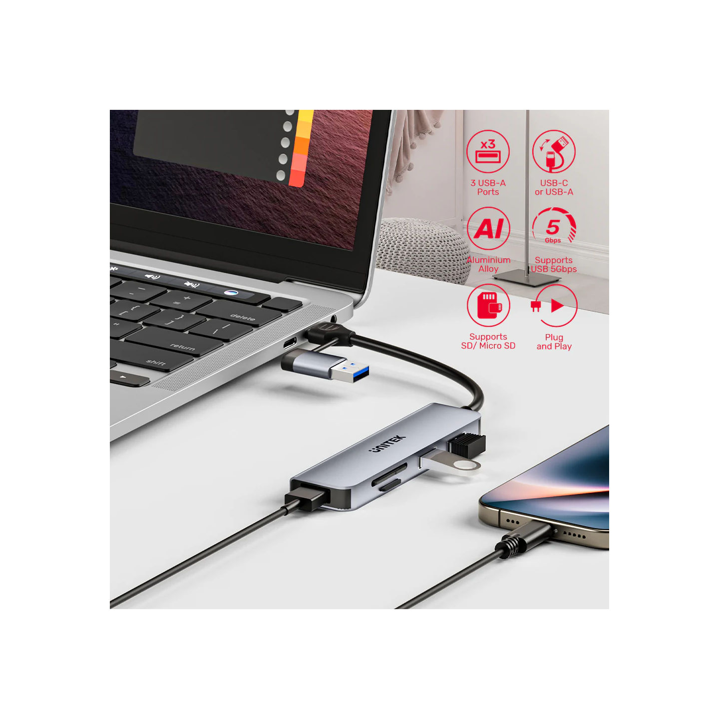 Unitek USB-C Hub - H1320A - 3xUSBA, SD Micro SD Card Reader — Buy in Cyprus with Fast Delivery