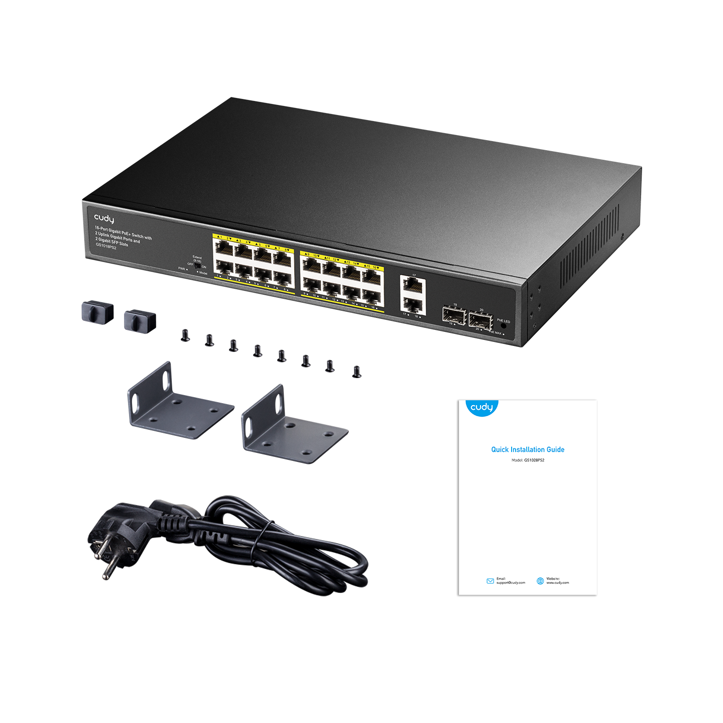 Cudy Switch PoE Gigabit 16PoE + 2GbE + 2SFP Uplink 200W - GS1018PS2 - 16PoE + 2GbE + 2SFP Uplink 200W